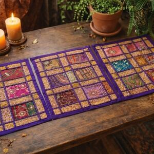 Patchwork Textile Squares Set of 3  Global Decor • Indian Embroidered Placemats